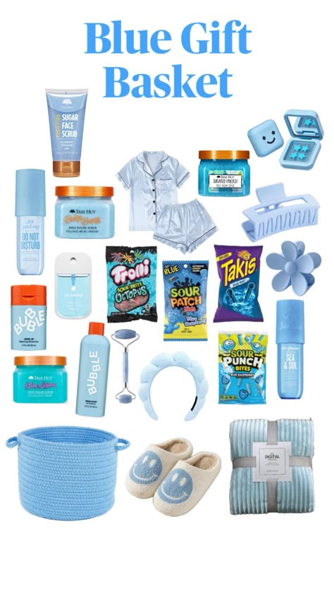 Blue Gift Basket, Making A Gift Basket, Easy Birthday Gifts, Blue Basket, Best Gift Baskets, Birthday Basket, Cool Gifts For Teens, Cute Gifts For Friends, Cute Couple Gifts