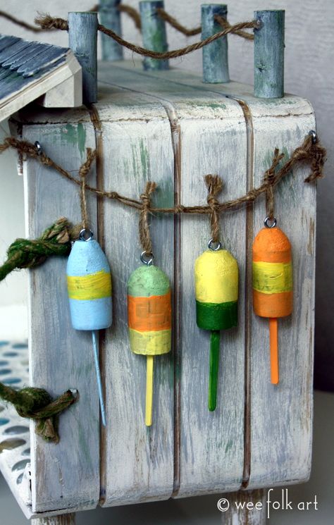 cork buoys done 3 545wm Lobster Friends, Buoy Decor, Sailboat Craft, Paint Cork, Wee Folk Art, Nautical Christmas Ornaments, Lobster Buoys, Wine Cork Diy Crafts, Recycled Wine Corks