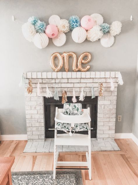 Jemma's First Birthday Party DIYs and Recipes | Mochi Mommy Birthday Party Mantle Decor, First Birthday Fireplace Decor, 1st Birthday Fireplace Decor, Fireplace Birthday Party Decor, Diy First Birthday Backdrop, Birthday Fireplace Decor, Bbq Instant Pot, Diy Paper Garland, Elizabeth 1st