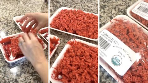 Mom's creepy 'raw meat' Rice Krispies Treats disgust and delight TikTok: 'That looks too real' Raw Meat Rice Krispie Treats, Cinnamon Roll Intestines, Raw Meat Rice Krispies, Halloween Hosting, Halloween Rice Crispy Treats, April Fools Food, Halloween Rice Krispies, Food Pranks, Rice Krispies Recipe