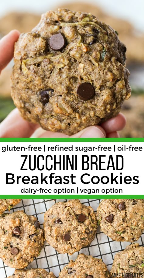 Eat healthy cookies for breakfast with these Zucchini Bread Breakfast Cookies! Loaded with good-for-you ingredients like gluten-free oats, oat flour, shredded zucchini, walnuts, flax seed, and nut butter, these breakfast cookies are gluten-free, refined sugar-free (with no sugar - naturally sweetened with honey or maple syrup), oil-free, dairy-free (with dairy-free chocolate chips) and vegan (with dairy-free chocolate chips, maple syrup and a flax egg). An easy, yummy breakfast for kids! Breakfast Cookies Gluten Free, Zucchini Breakfast, Zucchini Oatmeal, Cookies For Breakfast, Biscuits Diététiques, Oatmeal Breakfast Cookies, Breakfast Cookie Recipe, Bread Breakfast, Cookies Gluten Free