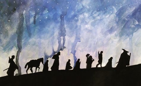 LOTR Artproject no:1 Fellowship of The Ring #lordoftherings #watercolor #hobbit The Hobbit Watercolor Art, Lotr Watercolor Paintings, Lotr Drawings Easy, Lotr Watercolor, Lotr Paintings, Lotr Collection, Lord Of The Rings Watercolor, Dad Painting, Watercolor Scenery