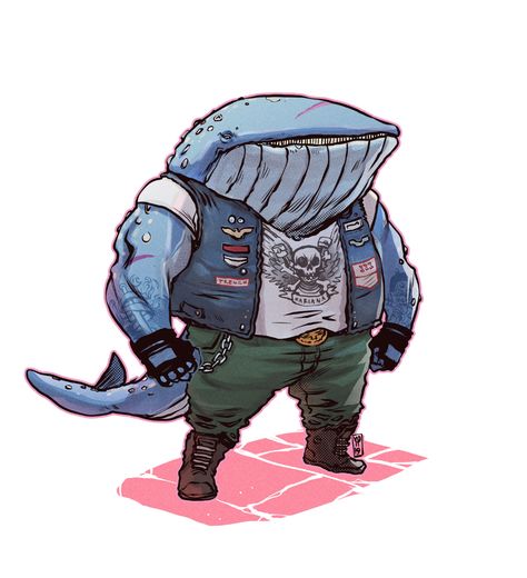 ArtStation - Whale Fishman, Desar Yuartha Fish People Art, Clothes Anatomy, Club Background, Sea Creatures Drawing, Fish School, Love The Process, Personal Illustration, Motorcycle Club, Creature Drawings