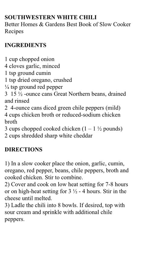 Healthy white chicken White Chicken Chili Soup, White Bean Chicken Chili, White Chili, Chili Seasoning, Chile Pepper, Great Northern Beans, White Chicken, White Chicken Chili, Chopped Onions