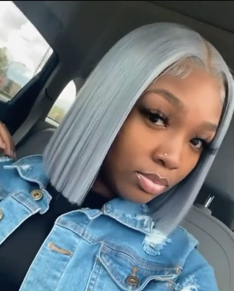 Platinum Gray Wig On Black Women, Color Bobs For Black Women Lace Wigs, Gray Bob Wig, Bob Wig Color Ideas Black Women, Silver Bob Black Women, Colorful Bob Wig, Gray Bob Black Women, Bob Hairstyles With Color, Grey Bob Hairstyles Black Women