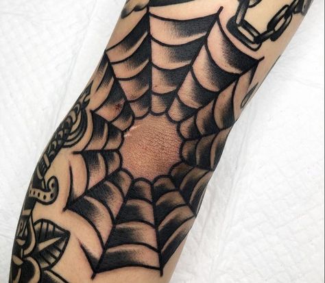 American Trad Spider Web, Old School Web Tattoo, Traditional Cobweb Tattoo, Spiderweb Knee Tattoo Traditional, Spiderweb Elbow Tattoo Traditional, Old School Spider Web Tattoo, Knee Web Tattoo, Cobweb Elbow Tattoo, Traditional Web Tattoo