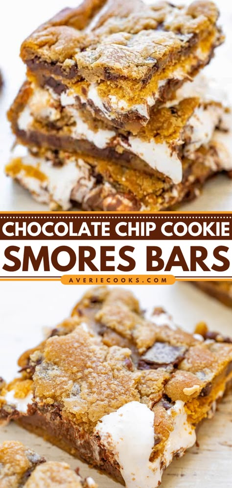 Chocolate Chip S'mores Cookie Bars (So Gooey!) - Averie Cooks Cookie Smores Bars, Chocolate Chip Cookie Smores, Corrigan Sisters, Cookie Smores, Soft Chocolate Chip Cookie, Smores Bar Recipe, Smores Cookies Bars, Smores Bars, Easy Smores