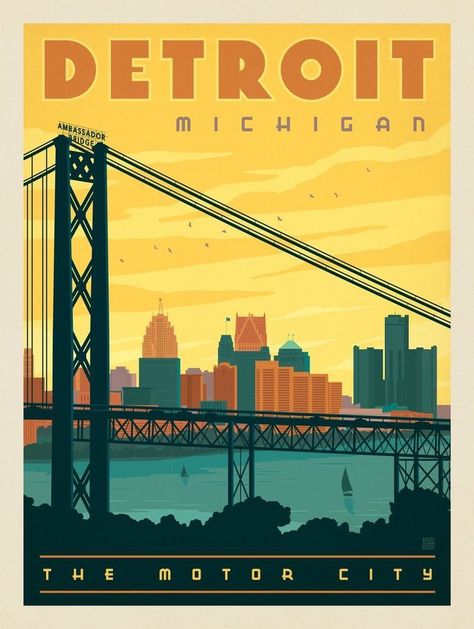 Detroit, Michigan Kraft Paper Art, Ambassador Bridge, Windsor Canada, Michigan Poster, Detroit Skyline, Detroit Art, Michigan Art, Anderson Design Group, Canvas Banner