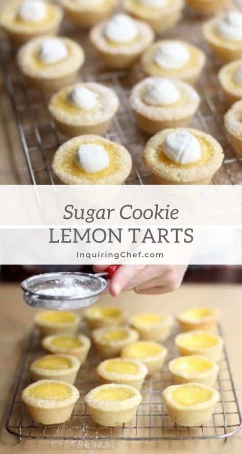 You'll love these simple, fresh lemon tarts with no finicky crusts. Just bite-sized lemony-goodness with a sweet cookie crust. Sugar Cookie Lemon Tarts, Easy Lemon Tarts, Cookie Tarts Recipes, Lemon Tarts Mini Easy, Lemon Tarts Mini, Lemon Cookie Cups, Mini Lemon Pies, Easy Tarts, Cookie Tarts