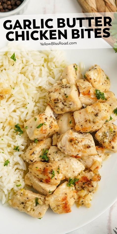 Garlic chicken bites are tender, flavorful, and ready in 20 minutes! Made with chunks of chicken breast, garlic, butter and lemon juice. Easy Garlic Chicken, Garlic Chicken Bites, Garlic Butter Chicken Bites, Butter Chicken Bites, Garlic Butter Chicken, Chicken Bites, Health Dinner Recipes, Chicken Dishes Recipes, Garlic Chicken