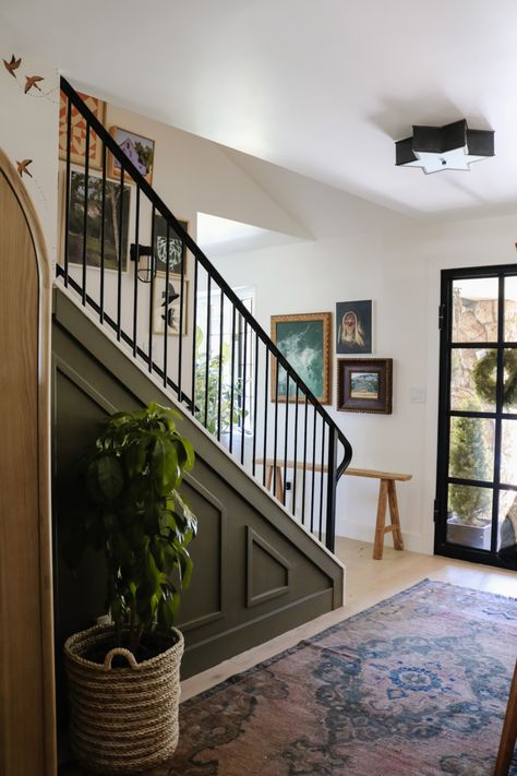 In Front Of Stairs Decor, Green Wallpaper Entryway Foyers, Entry Way Stairs Foyers, Foyer And Staircase Entryway, Small Entry Stairs, Staircase With Two Landings, Earthy Staircase, Foyer Stairs Entryway, Staircase At Front Door Entryway