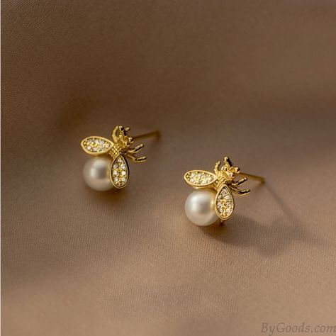 Bee Studs, Insect Jewelry, Pearl And Diamond Earrings, Bee Earrings, Animal Earrings, Summer Earring, Silver Pin, Solid Gold Jewelry, Box Bag