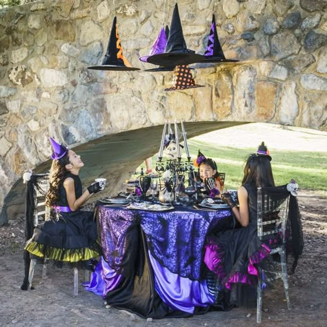 Witches and Spells | CatchMyParty.com Wizards And Witches Birthday Party, Witches Brew Tea Party, Witches Ball Party, Witches And Warlocks Party, Witches Tea Party Ideas, Witch Birthday Party Ideas, Witch Party Ideas For Adults, Witches And Wizards Party, Witches Birthday Party