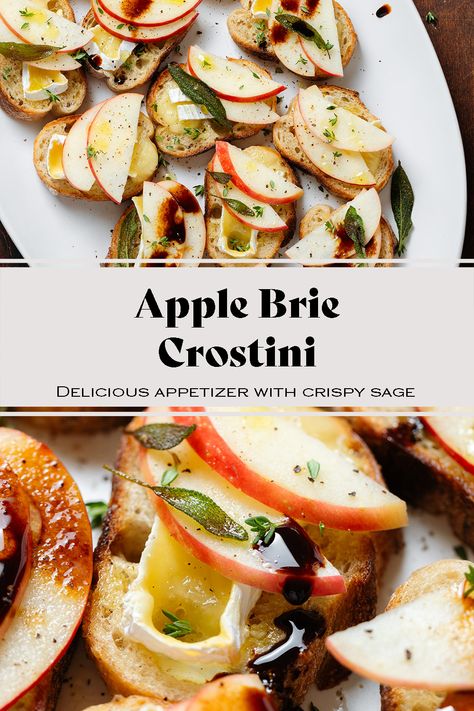 This Apple Brie Crostini is a delicious appetizer, perfect for fall and winter, and especially the holiday season! These little brie bites are crispy, cheesy, savory, and a little sweet. They're easy to make, simple but fancy, and perfect for a crowd. Apple & Brie Crostini With Hot Honey, Brie Snack Ideas, Apple Crostini Appetizers, Brie And Apple Crostini, Apples And Brie, Brie Apple Fig Bruschetta, Apple And Brie Crostini, Brie Apple Honey Crostini, Thanksgiving Appetizers Crostini