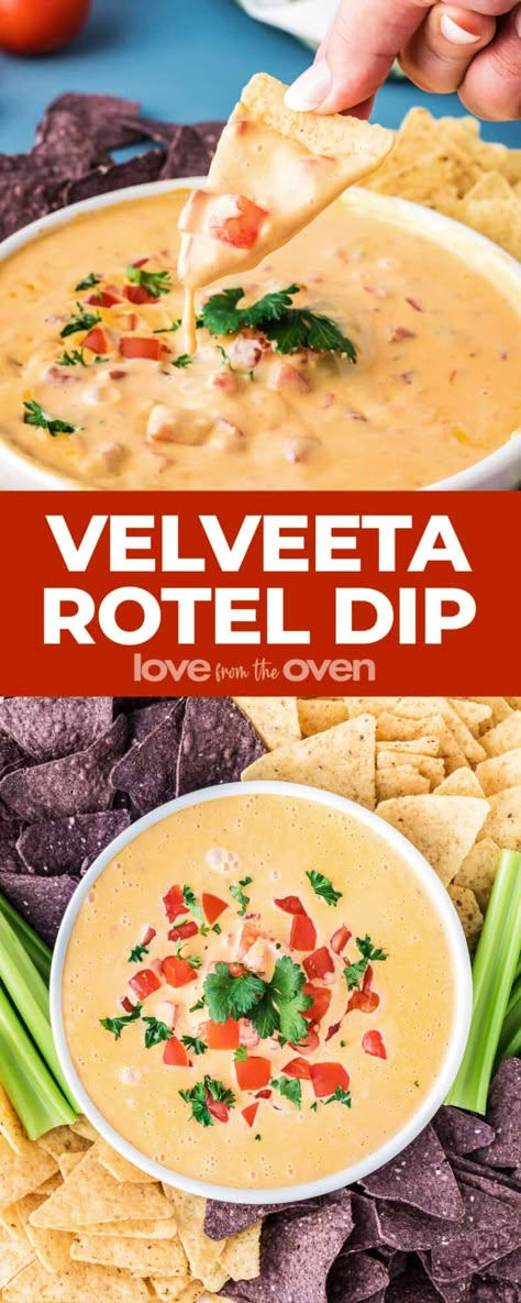 Velveeta Rotel Dip (Easy Cheesy Queso) - Love From The Oven Velvets Dips Appetizers, Dip Recipes With Rotel, Mexican Queso Dip Velveeta, Rotel And Velveeta Dip Crock Pots, Nacho Cheese Sauce Velveeta Rotel, Velvets Cheese Queso, Nachos Velveeta Cheese, Velveeta Nacho Dip, Velvets Nacho Dip