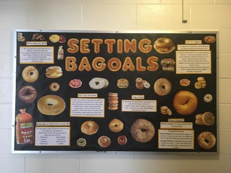 Reused my bagel theme from last year - setting goals bulletin board. This actually won an OTM award Bulletin Board of the Month for January 2018! peer mentor, ra, res life, reslife, residential life, bulletin boards, resident advisor, resident assistant, residential life, residence life, umass amherst Goal Setting Ra Bulletin Board, January Resident Event Ideas, Resident Advisor Bulletin Boards, Resident Advisor Ideas, College Bulletin Boards Residence Life, Residence Life Programs, Ra Board Ideas, Res Life Programs, Resident Assistant Boards