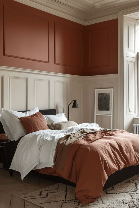 Orange Panelling Bedroom, Bedroom Clay Color, Terracotta Feature Wall Bedroom, Terracotta Walls Bedroom, Colour Drenched Bedroom, Terracotta Bedding, Bedroom Terracotta, Dark Bedroom Decor, Terracotta Interior Design