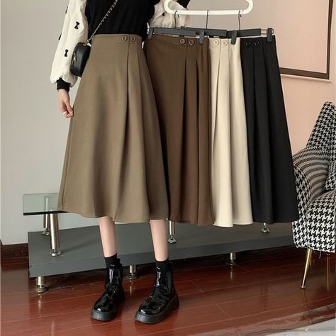 Mikiko - Pleated Midi A-line Skirt Y2k Fashion Aesthetic, Kawaii Skirt, Y2k Aesthetic Fashion, Kawaii Shirts, Kawaii Dress, Mid Length Skirts, Kawaii Clothes, Solid Dress, Kawaii Fashion