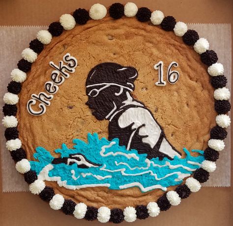 Swimmer cookie cake Swimmer Cake Ideas, Swim Cake, Swimmer Cake, Swim Banquet, Swimming Cake, Pool Cake, Queen Cakes, Cookie Cakes, Unicorn Birthday Cake