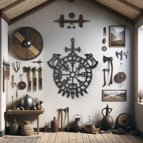 "🔨🌊 Channel the spirit of the Vikings with this captivating metal wall art featuring the powerful Vegvísir symbol. ⚓️🌀 Inspired by ancient Norse compasses, this Viking-themed art piece serves as a beacon of guidance and protection. 🛡️🚀 Crafted with meticulous attention to detail, the Vegvísir design is intricately etched into durable metal, creating a striking and enduring statement for your home. 🏡🎨 Embrace the rich heritage of the Vikings and add a touch of Norse mythology to your space Viking Home Interior, Viking Aesthetic Home Decor, Viking Living Room Decor, Viking Room, Viking Home, Viking Living Room, Viking Interior, Viking Bedroom Decor, Viking House Design