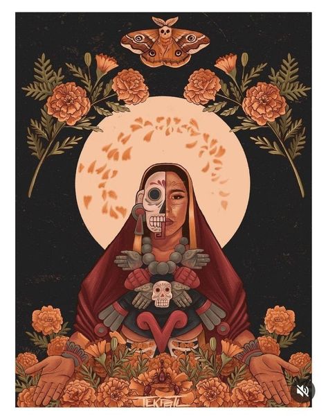 Catrina Aesthetic, Latinx Aesthetic, Mexican Beauty, Mexican Halloween, Nature Tattoo Sleeve, Flower Wrist Tattoos, Mexican Culture Art, Aztec Culture, Night Illustration