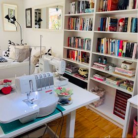 The Itinerant Seamstress: 10 real-life sewing rooms Narrow Sewing Room, Sewing Room Ideas Aesthetic, Sewing Room Storage Ideas Small Spaces, Sewing Room Shelves, Sewing Room Ideas Layout, Sewing Studio Layout, Sewing Room Layout, Sewing Studio Space, Small Sewing Space