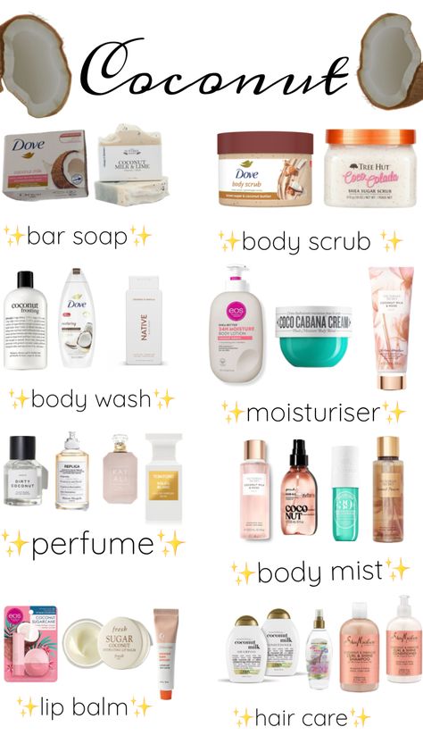 #beauty #vibes #bodycare #bodycareroutine #coconutgirl #perfume#skincareaesthetic#selfcare~itgirl#cleangirl#glow#smellgood #coconutgirlaesthetic Coconut Body Care Routine, Vanilla Coconut Scent Combo, Coconut Self Care Products, Coconut Shower Products, Eos Coconut Waters Combo, Glowing Body Skin Products, Coconut Scent Combo, How To Smell Like Coconut, Coconut Body Care