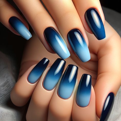 Gradient nails showcasing a transition from navy blue to sky blue, illustrating a beautiful ombre effect. Matte Gradient Nails, Ombre Navy Blue Nails, White To Blue Ombre Nails, Navy Blue Ombre Nails, Dark Blue Ombre Nails, Deep Blue Nails Designs, Ombre Blue Nails, Cute Blue Nail Ideas, Black And Blue Nails