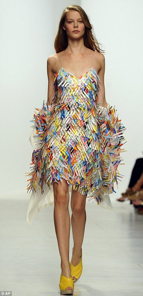 A woven plastic and silk dress at Chalayan Weird Dresses, Recycled Dresses, Junk Couture, Junk Kouture, Recycled Ideas, Unconventional Fashion, Gcse Textiles, A Level Textiles, Crazy Dresses