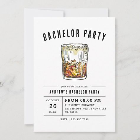 Modern Whiskey Glass Typography Bachelor Party In Invitation - Bachelor Party gifts Bachelor's Party Invitation, Whiskey Party Invitation, Bachelor Invitations Cards, Whiskey Invitation, Watercolor Whiskey, Mens Bachelor Party, Glass Typography, Bachelor Party Themes, Bachelor Party Ideas