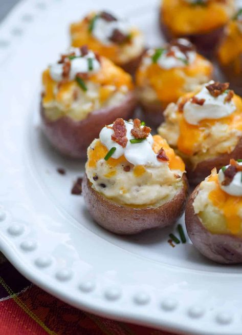 Roasted baby red potatoes stuffed with a creamy, cheesy, bacon-studded filling and garnished with sour cream, chives and more bacon! These Fully Loaded Twice Baked Potato Bites will be the first appetizer to disappear at your next gathering. Red Potato Appetizers, Baked Potato Appetizer, Baby Potato Appetizers, Twice Baked Potato Bites, Baked Potato Bites, Potato Appetizer, Twice Baked Potato, Potato Appetizers, Bites Recipes