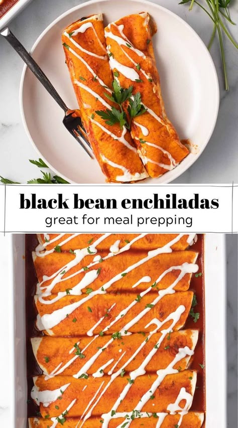 These black bean enchiladas are vegan, nutritious, and full of flavor and texture. Perfect for an easy dinner and great to make ahead for meal prepping. Nutritious Dinner, Black Bean Enchiladas, Bean Enchiladas, Vegetarian Meal Prep, Easy Vegan Dinner, Easy Veggie, Health Signs, Tasty Vegetarian Recipes, Healthy Dinner Recipes Chicken