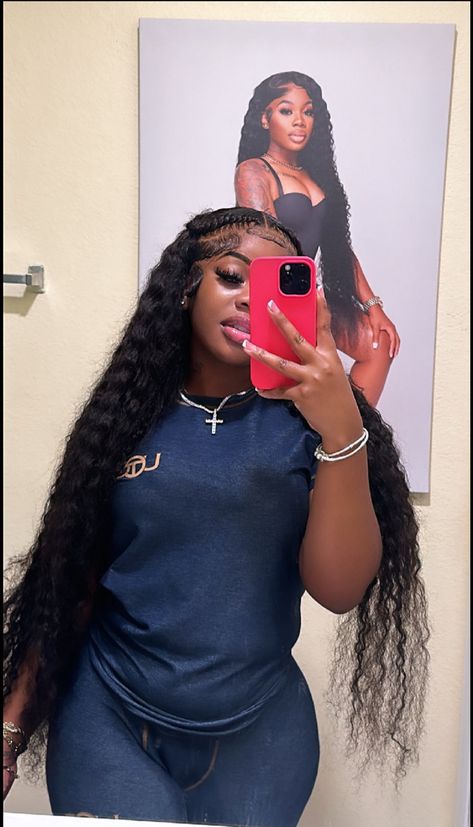 Deep Part Wig, Wig Styled For Black Women, Bow Lace Front Hairstyle, Two Braids Deep Wave Wig, Lace Front With Crimps, 2 Braids Deep Wave Wig, Curly Wig Braid Styles, Hairstyle For Frontal Wig, Vacation Wig Hairstyles