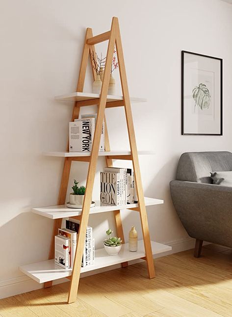 Ladder Bookshelf, Wood Bookshelves, White Shelves, Ladder Shelf, Scandinavian Furniture, Ladder Bookcase, Shelf Design, Furniture Deals, Furniture Outlet Stores