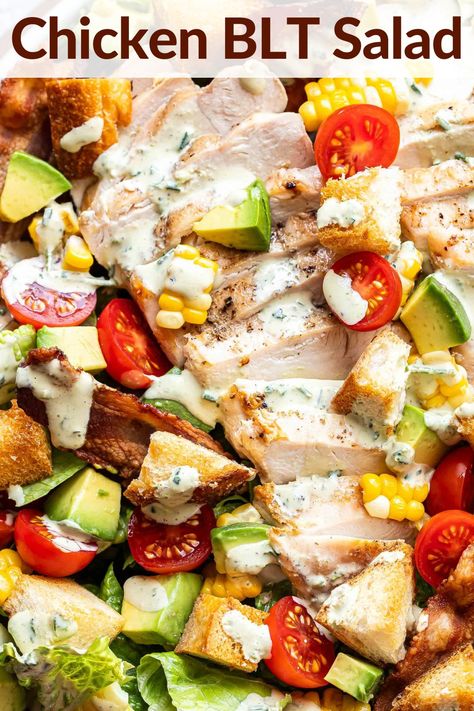 This chicken BLT salad is a hearty main dish salad inspired by the classic sandwich. Loaded with crisp romaine lettuce, tomatoes, bacon, corn, avocado, grilled chicken, croutons and an amazing creamy homemade ranch dressing. #blt #bltsalad #salad #saladrecipe #chickensalad #healthyrecipes #ranchdressing #healthydinner Chicken Blt Salad, Bacon Corn, Chicken Blt, Corn Avocado, Blt Salad, Ranch Salad, Classic Sandwich, Homemade Ranch Dressing, Hearty Salads