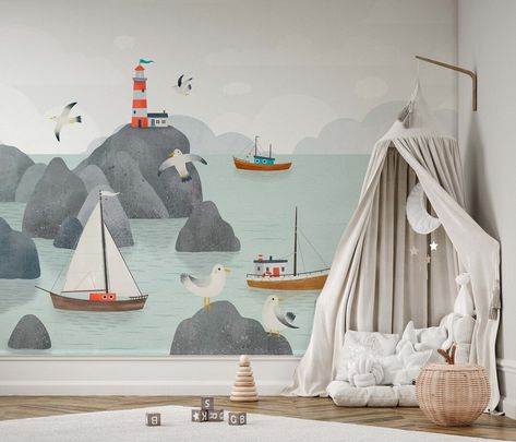 NEW Peel and Stick / Traditional by the Sea Ocean Animals - Etsy Nautical Mural, Ocean Animal Nursery, Coastal Wallpaper, Professional Decor, Ocean Themes, Ocean Animals, Animal Nursery, Sea And Ocean, Child's Room