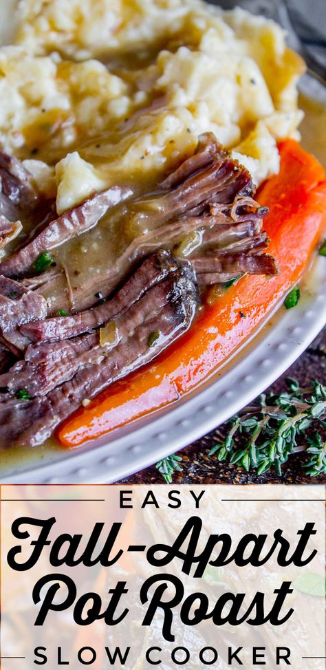 crock pot recipe for easy pot roast on a plate with carrots and mashed potatoes Best Roast Crock Pot, Fall Food Recipes Crock Pots, Tender Pot Roast Crockpot, Easy Potroast Crockpot Crock Pots, Fall Pot Roast Slow Cooker, Grandmas Crockpot Recipes, Healthy Fall Meals Crock Pot, Easy Fall Crock Pot Meals, Easy Fall Dinners Crock Pot