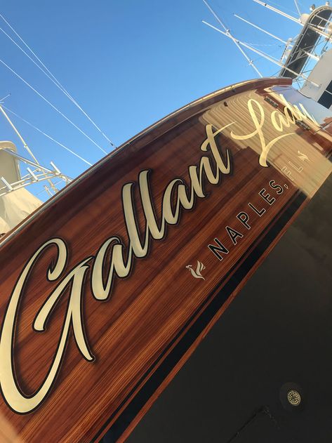 Gallant Lady Naples Florida Boat Transom Boat Lettering, Boat Artwork, Design Color Trends, Fishing Yachts, Boat Signs, Boat Name, Boat Wraps, Classic Wooden Boats, Boat Names