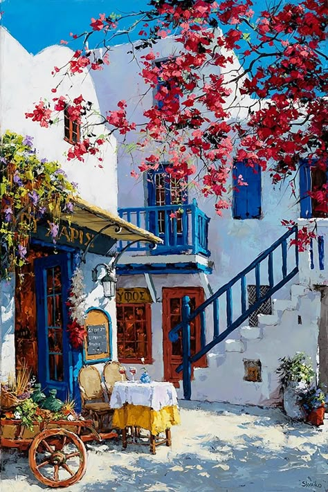 Greece Oil Painting, Greece Art Paintings, Building Painting Acrylic, Complex Paintings, Mykonos Painting, Paintings Of Greece, Greece Buildings, Europe Painting, Greece Images