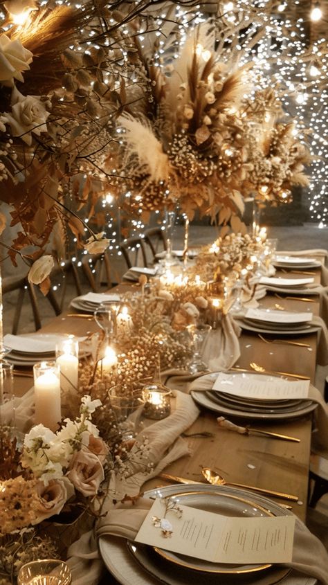 Elegant And Whimsical Wedding, Luxury Autumn Wedding, Wedding Table Decorations Spring, Fall Wedding Elegant, Brown Wedding Table Decor, Brown Wedding Reception, Champagne Wedding Colors Scheme, Elegant Wedding Table Settings, Neutral Floral Wedding