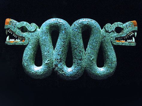 This object was probably worn on ceremonial occasions as a pectoral ornament. It is carved in wood hollowed at the back, and covered with turquoise mosaic. Serpent imagery occured throughout the Aztec religious iconography, the serpent being associated with several Aztec deities. From Mexico, 15th-16th century AD. Aztec Statues, Ancient Mexico, Serpent Tattoo, Aztec Gold, Aztec Culture, Mayan Art, Mexico Art, Aztec Art, Indigenous Art