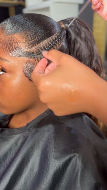 Braids & Hair Extentions on Instagram: "Hey ladies 👋🏽 ! I just wanted to share with guys a quick tip for your clients who wants baby hair but don’t want you to cut they ends off. Here’s how I tuck it into the stitch braid on the side of the ponytail ! This also works with any baby hair/braid combination! This technique helps prevent the end of the baby hair from constantly sticking the older the style gets. It gives the end of hair a place to rest lol ! Hope this demo helps you 💕 Drop a comment below if you’re going to give it a try or if you already do this trick on the clients with the long baby hair ! Also if you’d like more of these videos drop a comment below on what tips you’d like me to demonstrate 💕 #dallashairstylists #babyhairtutorial #sleekedges #sleekponytails #sleekpony Stitch Braid, Side Braid Ponytail, Natural Hair Wedding, Side Ponytail, Stitch Braids, Hair Extentions, Braided Ponytail Hairstyles, Two Braids, Braids Hair