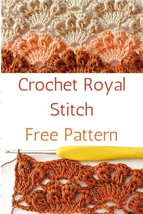 Learn A New Crochet Stitch: Crochet Royal Stitch Crochet Zig Zag, Types Of Crochet, Treble Crochet, Lace Texture, Crochet Stitches Free, Crochet Knit Stitches, Stitch Crochet, Crochet Instructions, Crochet Stitches Tutorial