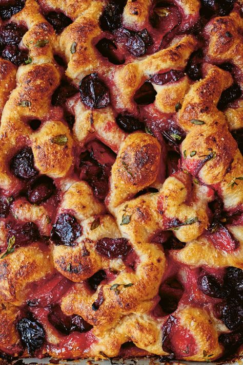 Fruited Focaccia with Plums, Cherries and Lemon Thyme | Guest Recipes | Nigella's Recipes Guest Recipes, Fruit List, Recipe Email, Yeast Breads, Lemon Thyme, Fruit Toppings, Vegan Bread, Nigella Lawson, Seasons Change