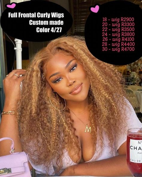 WIG INSTALLATION MASTER CLASSES on Instagram: "Full Frontal Curly Wigs Custom made Color 4/27 18 - wig R2900 20 - wig R3300 22 - wig R3500 24 - wig R3800 26 - wig R4100 28 - wig R4400 30 - wig R4700 ▶️Ordering Process - Make Payment plus R100 delivery 🔻ACC No: 62840849717 🤍Name: Hairvarleysa Pty Ltd 🤍Bank: FNB 🤍Type : Cheque 😞Branch code : 250655 ⏺After Making payment, send proof of payment ( screen shot) to 0658595024" Hair Honey Blonde, Wig Installation, 27 Honey Blonde, Highlight Wig, Curly Lace Wig, Girly Makeup, Dyed Hair Inspiration, Honey Hair, Curly Human Hair Wig