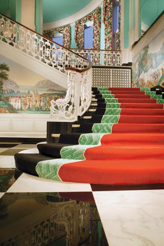 Main Staircase of the Greenbrier Resort by Dorothy Draper. Beautiful. Dorothy Draper Interiors, Verve Magazine, Zuber Wallpaper, Carpeted Stairs, Greenbrier Resort, The Greenbrier, Dorothy Draper, Modern Baroque, Scenic Wallpaper