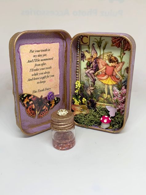 Vintage Flower Fairy Tooth Fairy Altered Tin by ScrapbookSiren on Etsy Vintage Flower Fairy, Mint Tin Crafts, Fairy Box, Altoids Tins, Altered Tins, Mint Tins, Mini Bottle, Altered Boxes, Tin Art