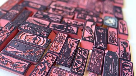 This local artist is creating 100 unique rubber stamps out of pink erasers Eraser Art, Pink Eraser, Eraser Stamp, Clouds Art, Library Book Displays, Hand Carved Rubber, Lino Art, Hand Carved Stamps, Pink Plant