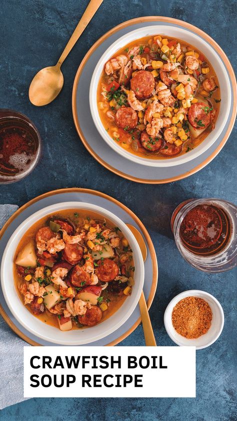 Two bowls of Tony Chachere's Crawfish Boil Soup After Boil Soup, Crawfish Boil Soup, Crawfish Soup, Cajun Ninja, Cajun Boil, Kitchen Seasoning, Cajun Creole Recipes, Seafood Recipes Healthy, Diner Recipes