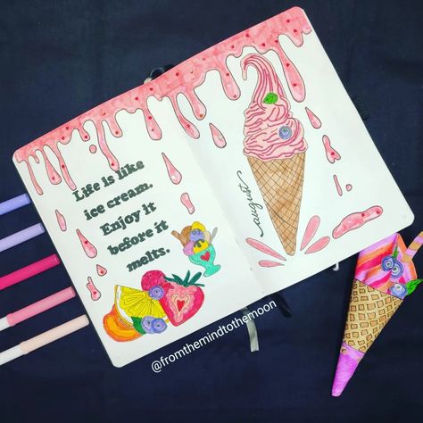 Ice Cream Journal Ideas, Candy Bujo Theme, August Cover Page, Melting Ice Cream, Ice Cream Theme, Bujo Ideas, Candy Theme, Cream Aesthetic, Bullet Journal Themes